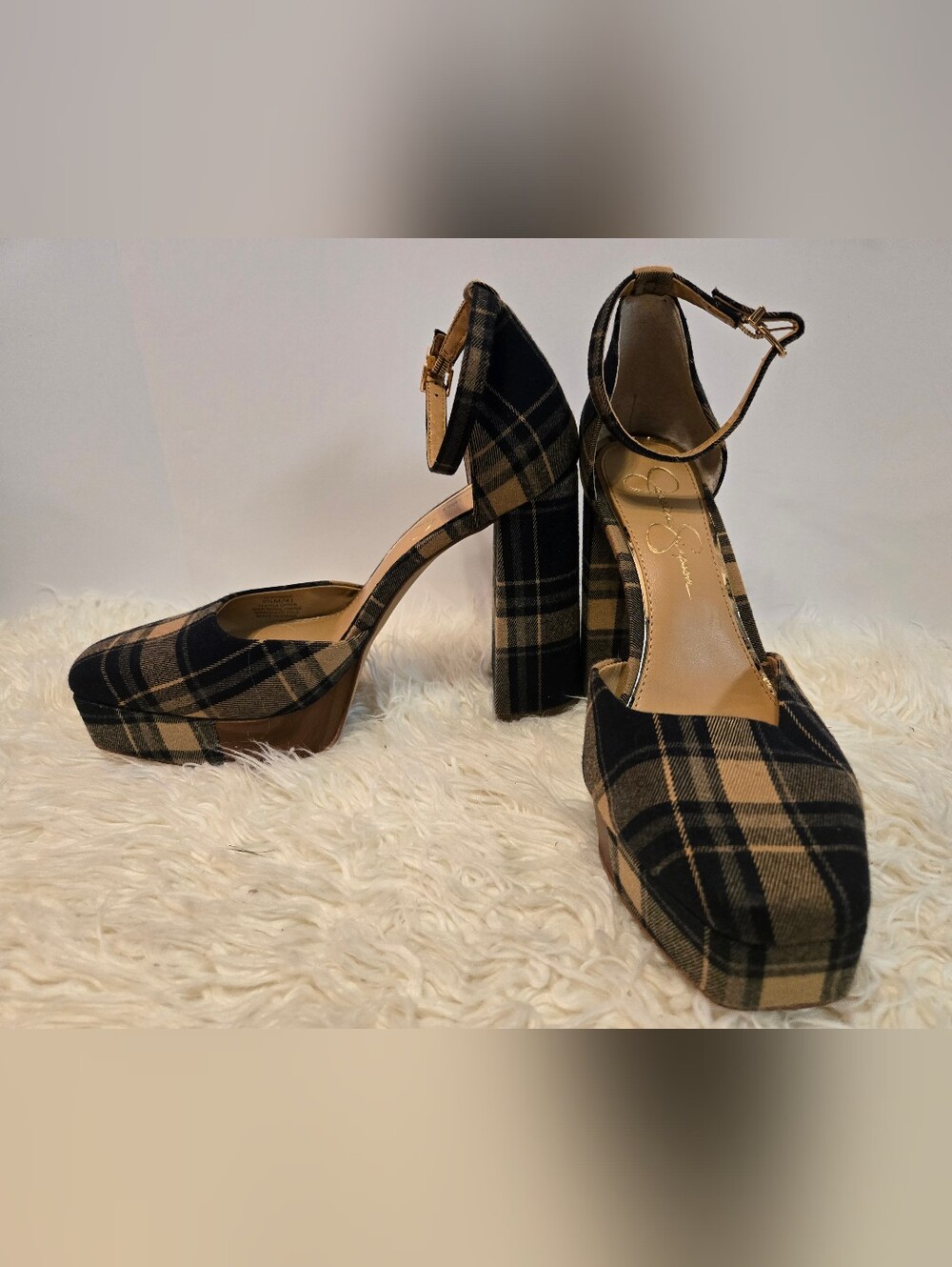 Jessica Simpson Black & Tan Plaid Platform Ankle-Strap Heels